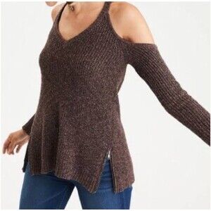 American Eagle Women’s Cold Shoulder Brown Knit Sweater Zipper Detailing Sz SM